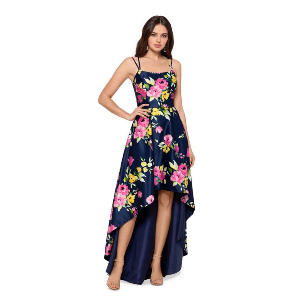 NWT XSCAPE Womens Navy Ball Gown Spaghetti Strap Full-Length Hi-Lo Dress 6